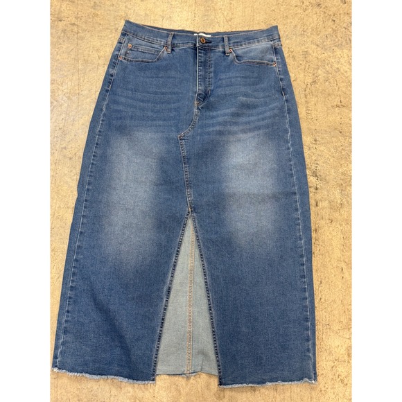 Nicole Miller NY Denim Skirt Women's Blue Medium Wash Frayed Hem Front Slit - Picture 1 of 7